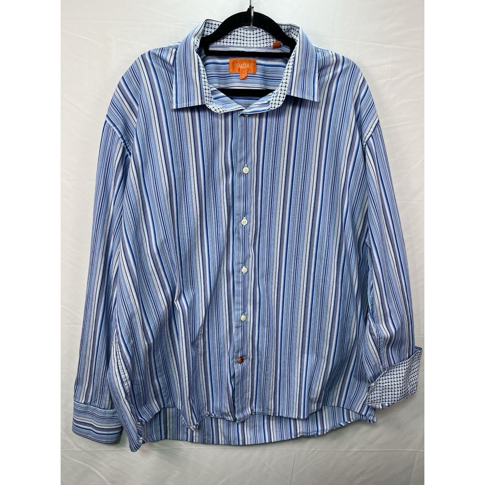 Tallia Casual Dress Shirt XL Size 17.5 Blue Multi Striped Flip Cuffs Cotton EUC‎